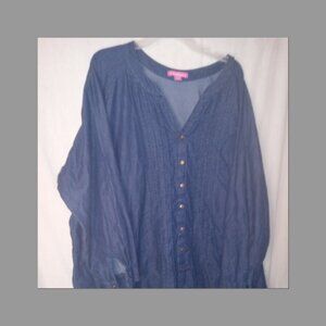 (M) Woman Within V Neck Pleated Front Long Sleeve 3X Dark Denim Shirt